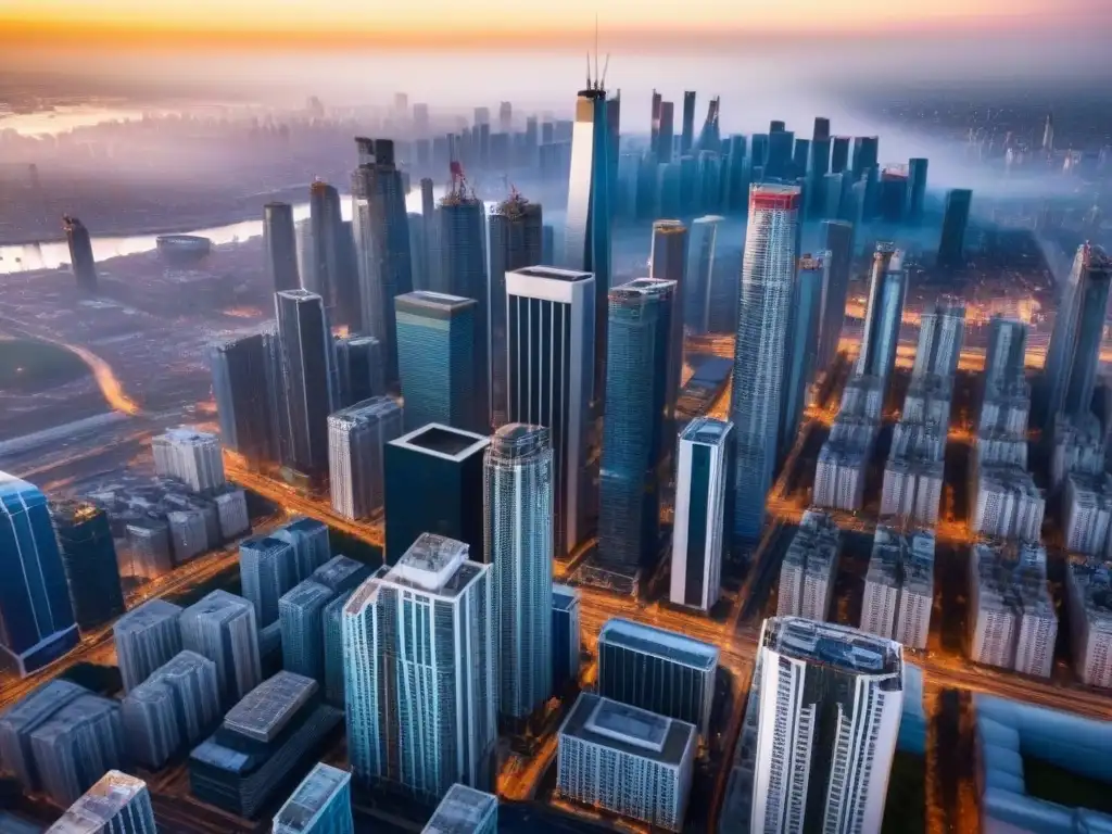 Metrópolis dinámica: impacto de fusiones inmobiliarias en paisaje urbano Vista aérea de ciudad con rascacielos y obras, reflejando la influencia de la legislación en fusiones inmobiliarias internacionales