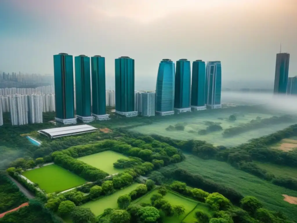 Simbiosis urbana: rascacielos y parques en armonía post fusión Vista aérea de ciudad con rascacielos y parques verdes, reflejando la integración de urbanismo y naturaleza en el mercado inmobiliario postfusión