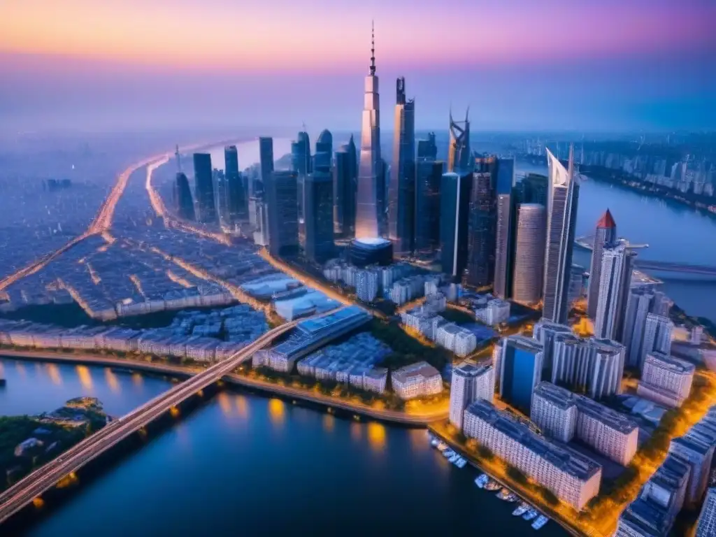 Espléndida vista aérea de una ciudad moderna al atardecer Vista aérea de una ciudad al anochecer, con rascacielos iluminados y luces brillantes en la ciudad
