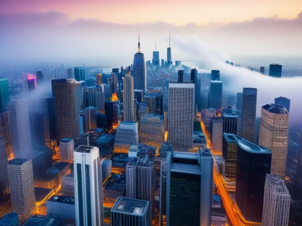 Skyline financiero: gráficos de divisas y rascacielos globales Vista aérea de ciudad con rascacielos y gráficos de fluctuaciones del dólar, simbolizando el impacto en inversiones inmobiliarias a nivel global
