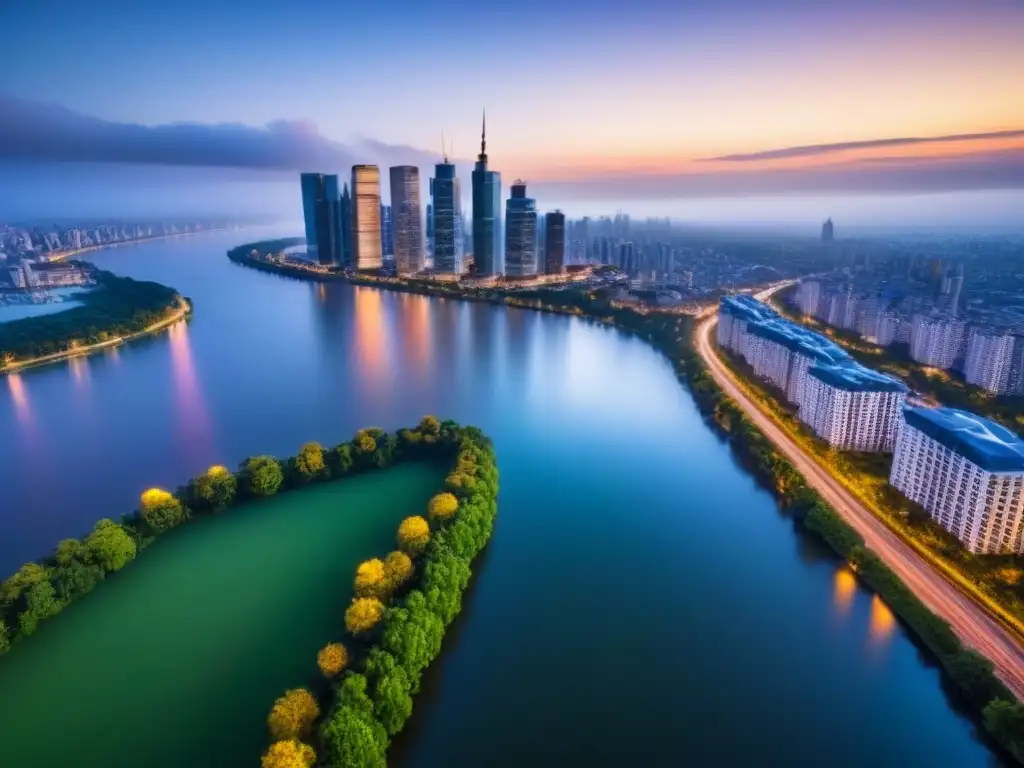 Metrópolis nocturna: rascacielos iluminados sobre río sereno Vista aérea de ciudad al anochecer, con rascacielos iluminados y río sereno, evocando dinamismo en el mercado inmobiliario