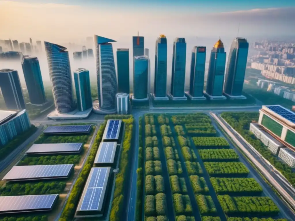 Metrópolis sostenible: jardines verdes y paneles solares en azoteas Vista aérea de ciudad con rascacielos, jardines verdes y paneles solares