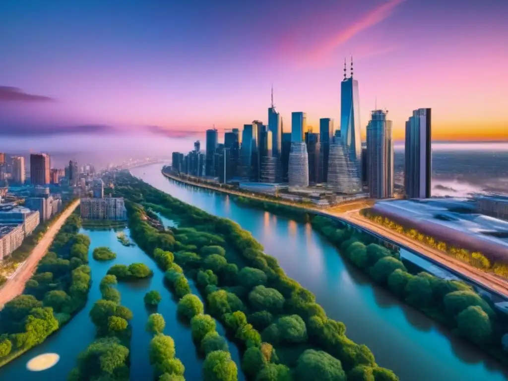 Metrópolis al anochecer: luces y modernidad urbana Vista aérea de la ciudad al anochecer, con rascacielos iluminados y espacios verdes