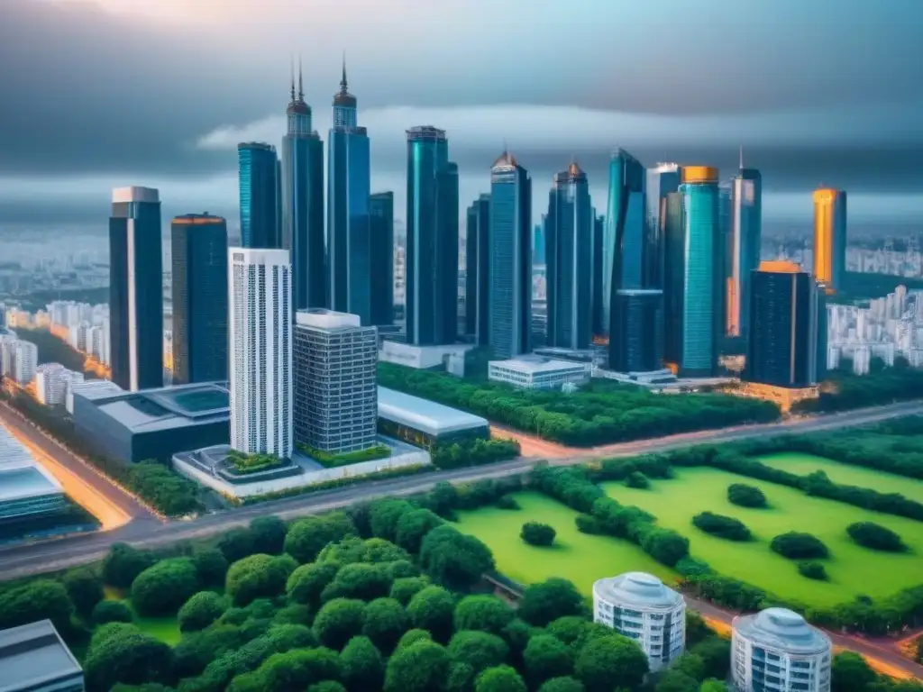 Edificio futurista destacando en ciudad moderna Vista aérea de una ciudad con rascacielos modernos