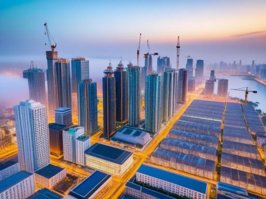 Metrópolis en crecimiento: oportunidades en mercados inmobiliarios emergentes Vista aérea de una ciudad con rascacielos rodeados de grúas y obras, reflejando el dinamismo de estrategias mercado inmobiliario emergentes