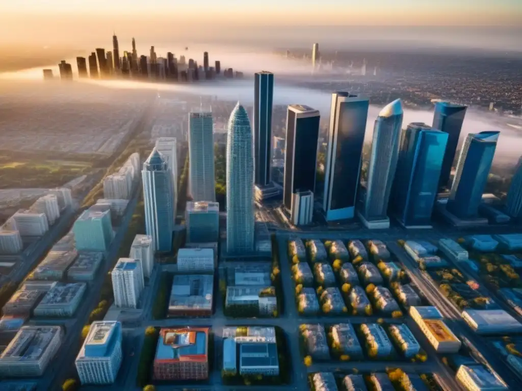 Metrópolis en crecimiento: paisaje urbano vibrante y moderno Vista aérea de ciudad con rascacielos y barrios vibrantes, reflejando el potencial de estrategias mercado inmobiliario emergentes