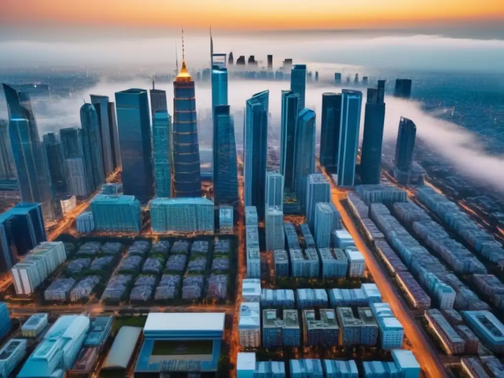 Vista aérea impactante de una ciudad en crecimiento: real estate emergente Vista aérea de ciudad con rascacielos modernos, arquitectura innovadora y vida urbana vibrante