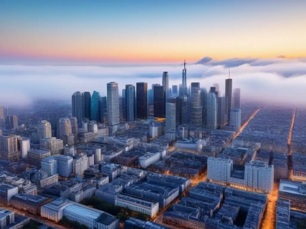 Metrópolis vibrante: mezcla de rascacielos y edificios históricos Vista aérea de una ciudad con rascacielos y edificios históricos, reflejando el crecimiento urbano y las oportunidades de inversión en inmobiliaria