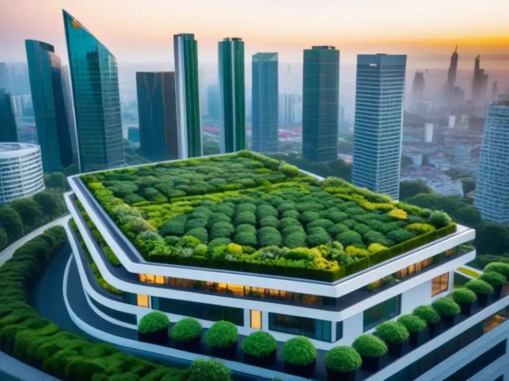 Vista aérea impactante: rascacielos con techos verdes en atardecer Vista aérea de la ciudad con rascacielos y techos verdes vibrantes al atardecer