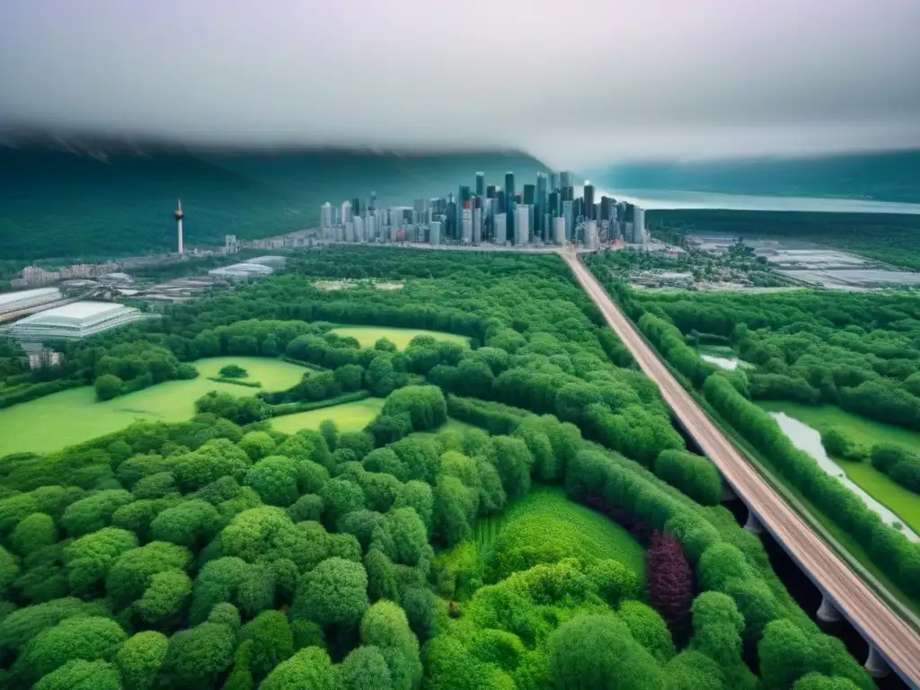 Metrópolis sostenible: armonía entre rascacielos y naturaleza en Canadá Vista aérea de una ciudad en Canadá con rascacielos modernos y parques verdes, reflejando la integración armoniosa de la energía y el mercado inmobiliario en Canadá