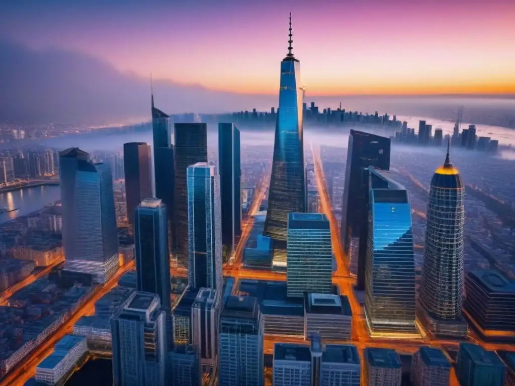 Metrópolis futurista: skyline tecnológico al atardecer Vista aérea de la ciudad con rascacielos futuristas y paisaje urbano vibrante al atardecer