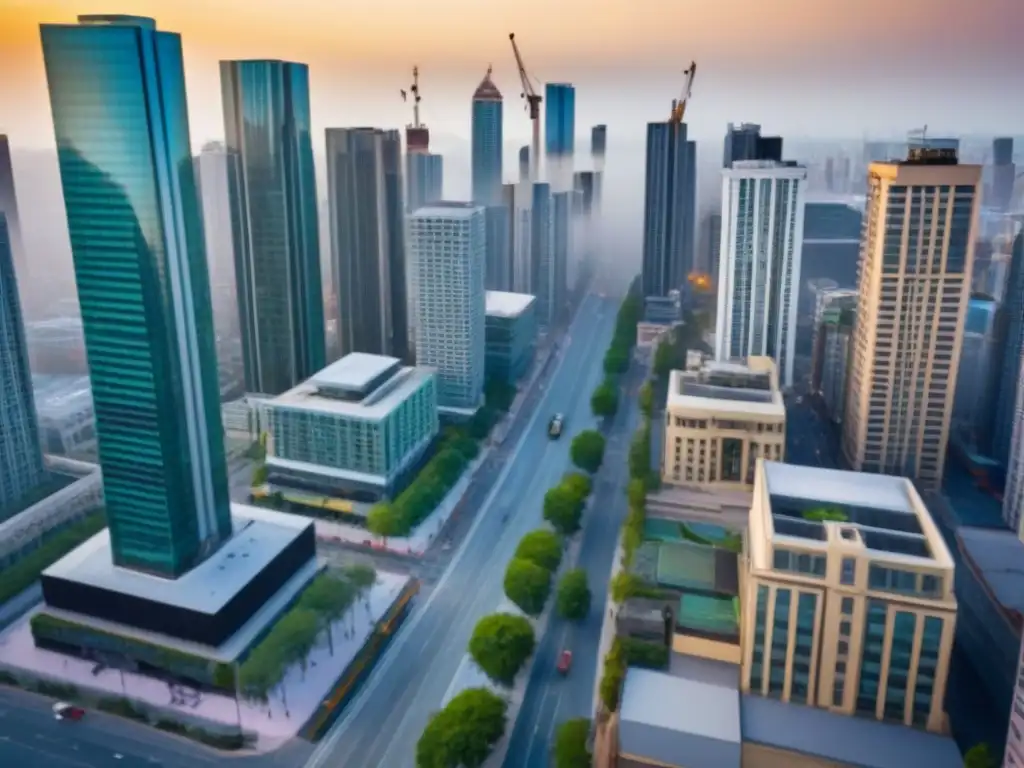 Cityscape vibrante: mezcla de arquitectura histórica y moderna Vista aérea de ciudad con rascacielos modernos y edificios históricos, reflejando la recuperación rápida de mercados inmobiliarios locales