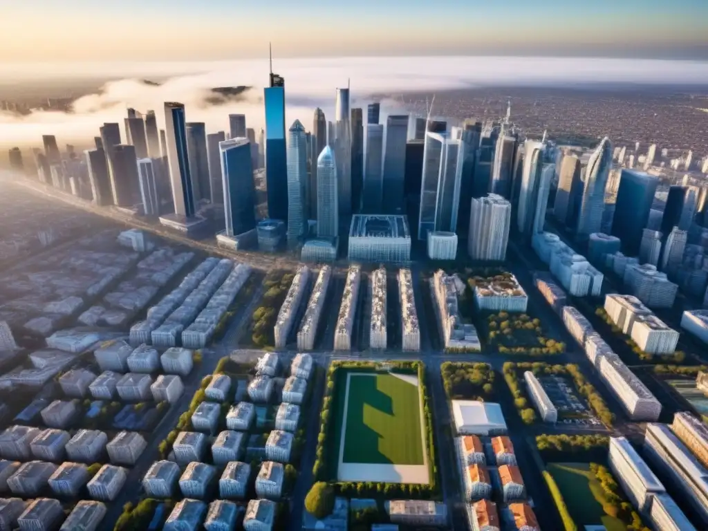 Metrópolis resiliente: luces y sombras de la economía global en crisis Vista aérea de la ciudad con rascacielos proyectando sombras largas al atardecer, simbolizando la fortaleza en crisis global y el riesgo inmobiliario