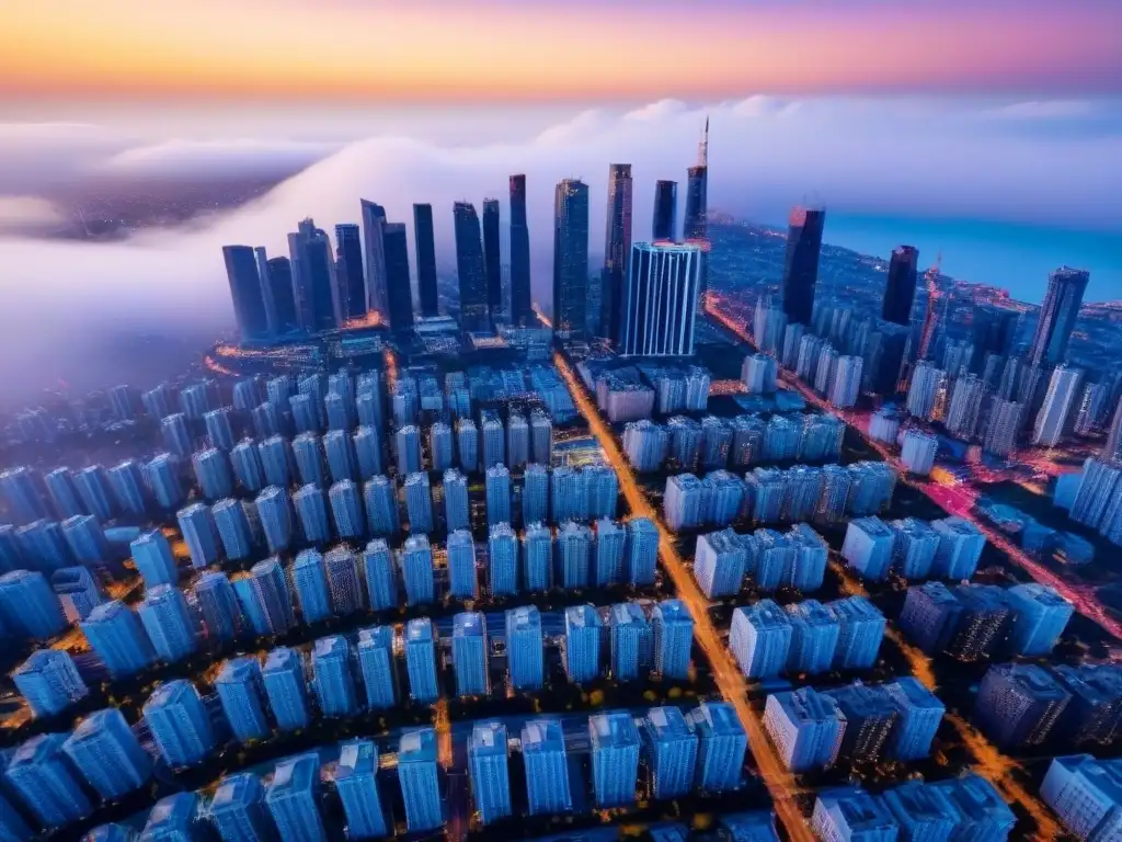 Contraste urbano: antes y después de la pandemia en el mercado inmobiliario Vista aérea de ciudad con rascacielos modernos, reflejando impacto de la pandemia en el mercado inmobiliario