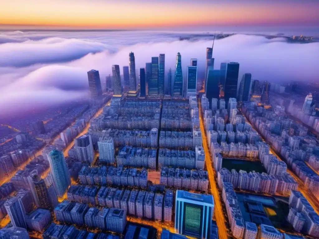 Metrópolis moderna en evolución tras eventos políticos Vista aérea de una ciudad con rascacielos modernos y vida urbana vibrante, reflejando el impacto de eventos políticos en el mercado inmobiliario