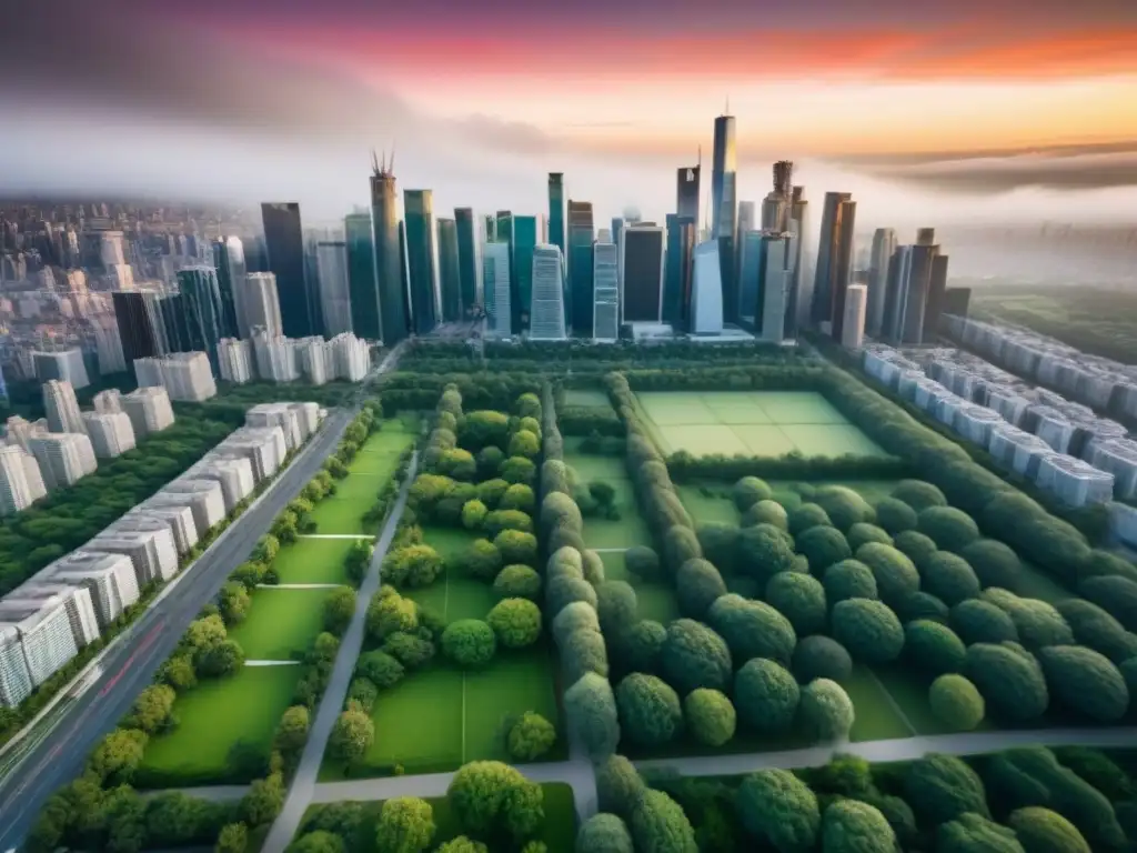Arquitectura y naturaleza en armonía: skyline urbano postdesastre Vista aérea de una ciudad con rascacielos modernos y parques urbanos verdes integrados, ejemplo de planificación urbana postdesastre inversión