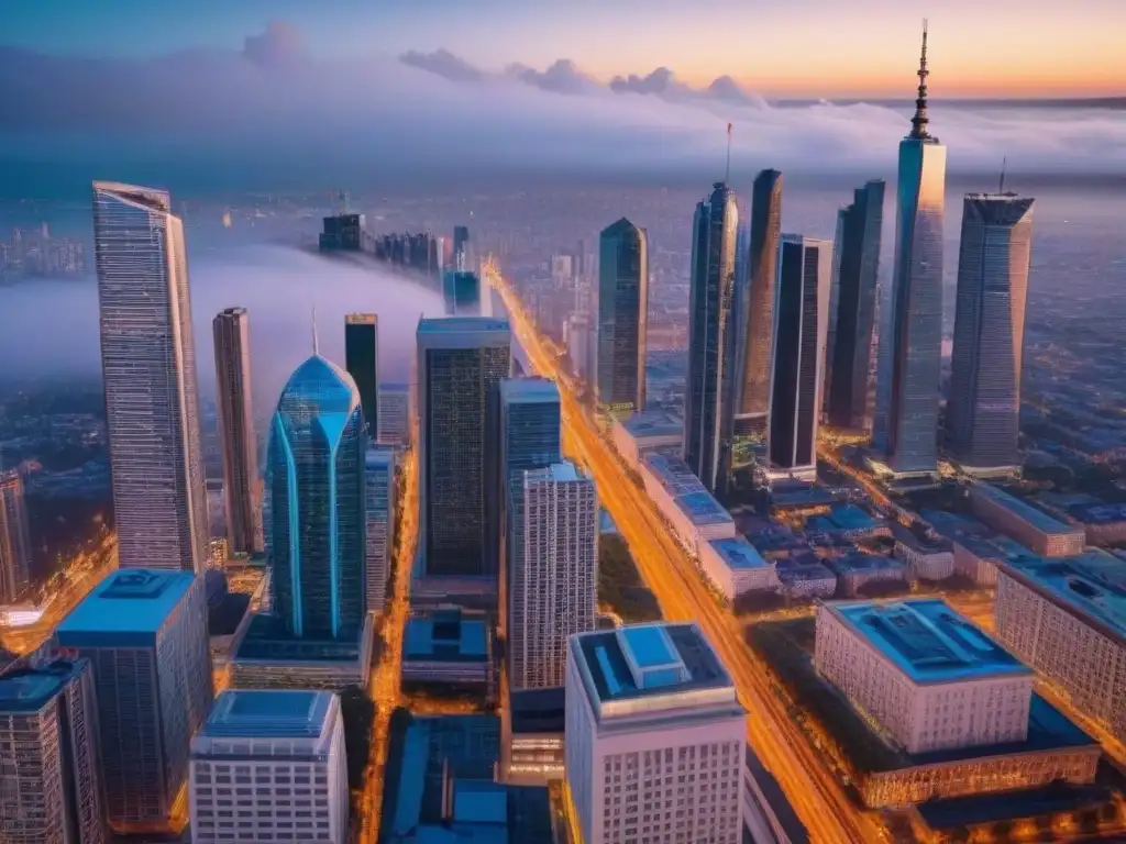 Oportunidades inmobiliarias en ciudad vibrante al anochecer Vista aérea de ciudad al anochecer con rascacielos iluminados y calles llenas de vida, simbolizando oportunidades inmobiliarias internacionales postcrisis