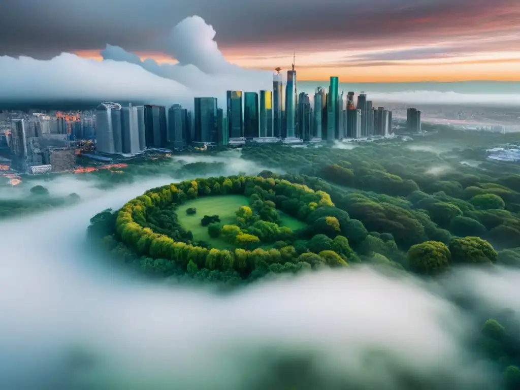 Horizonte urbano postCOVID: fusión de tecnología y naturaleza Vista aérea de la ciudad postCOVID con rascacielos futuristas y espacios verdes, reflejando el mercado inmobiliario internacional postCOVID