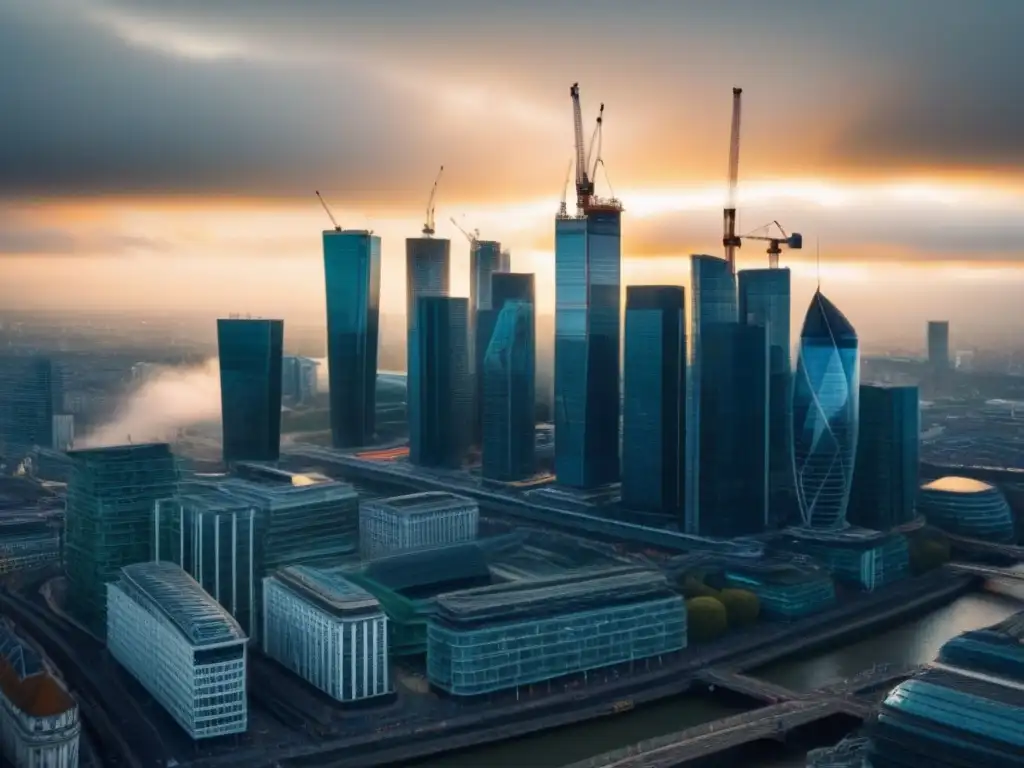 Cityscape postBrexit: arquitectura en evolución Vista aérea de ciudad con rascacielos modernos y edificios históricos, reflejando el impacto del Brexit en construcción
