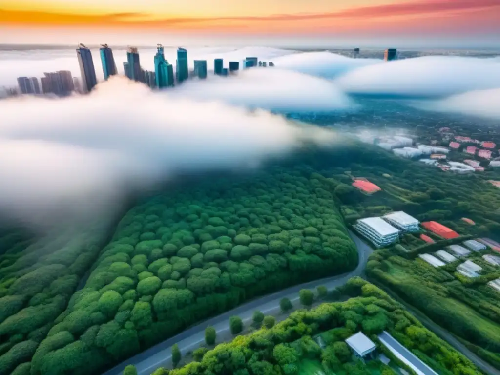Armonía urbana: rascacielos modernos entre naturaleza exuberante Vista aérea de una ciudad con rascacielos modernos rodeados de vegetación, mostrando la fusión armoniosa entre desarrollo urbano y naturaleza bajo normativas ambientales mercado inmobiliario global