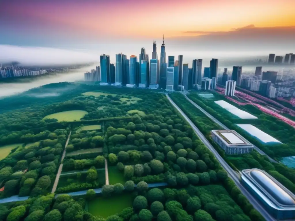 Contraste urbano-natural: innovación en construcción de rascacielos Vista aérea de la ciudad con rascacielos modernos y paisaje verde