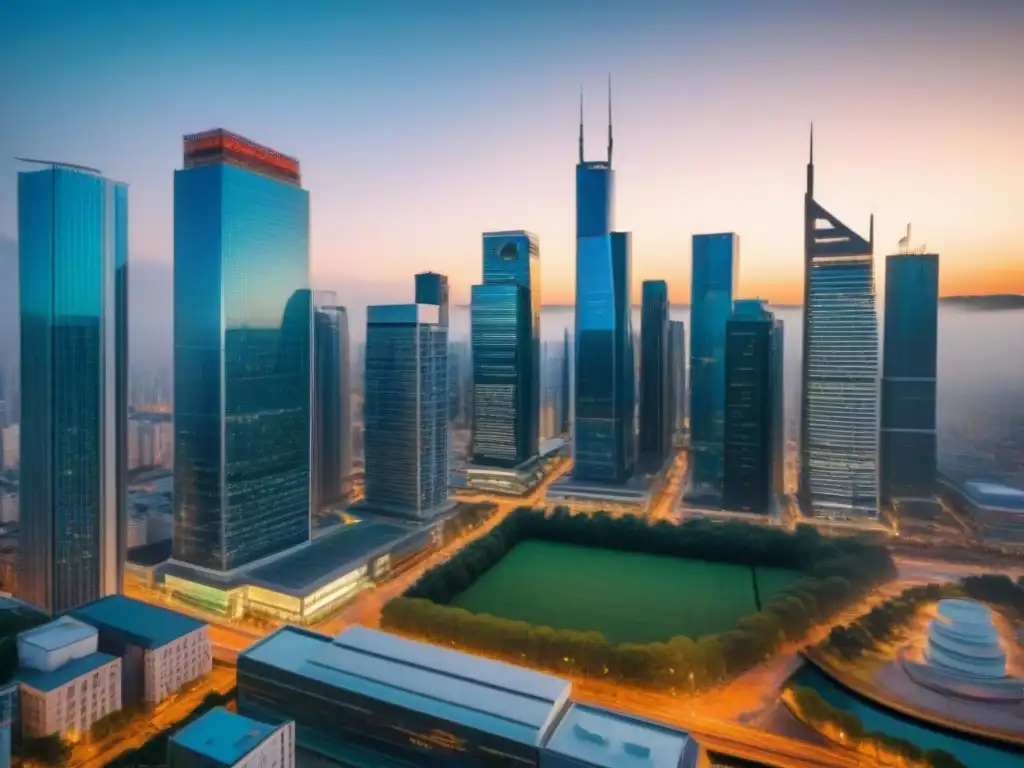 Skyline vibrante: auge inmobiliario en mercados emergentes Vista aérea de ciudad con rascacielos modernos y bulliciosas calles, reflejando el impacto de políticas en mercado inmobiliario