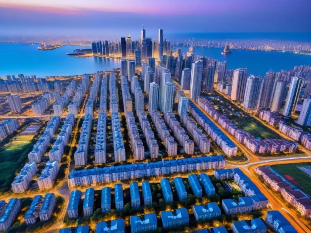 Contrastes urbanos: Metrópolis de rascacielos y barrios populares Vista aérea de ciudad con rascacielos modernos y barrios tradicionales