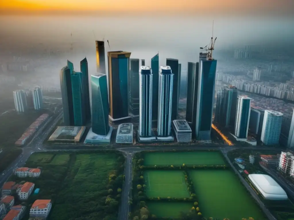Metrópolis global: Éxito en Inversiones Inmobiliarias Vista aérea de una ciudad con rascacielos y espacios verdes, reflejando éxito y oportunidad en estrategia inversión inmobiliaria internacional
