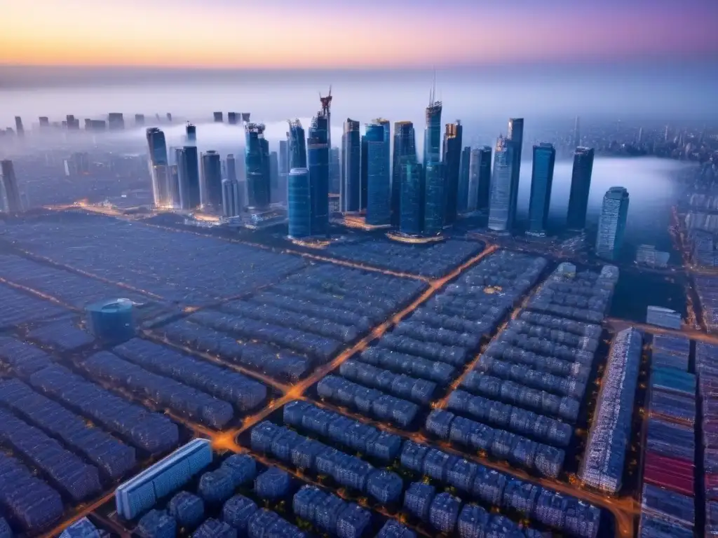 Contraste urbano: edificios sismorresistentes frente a vulnerables Vista aérea de la ciudad con rascacielos modernos, algunos con tecnología sísmica avanzada