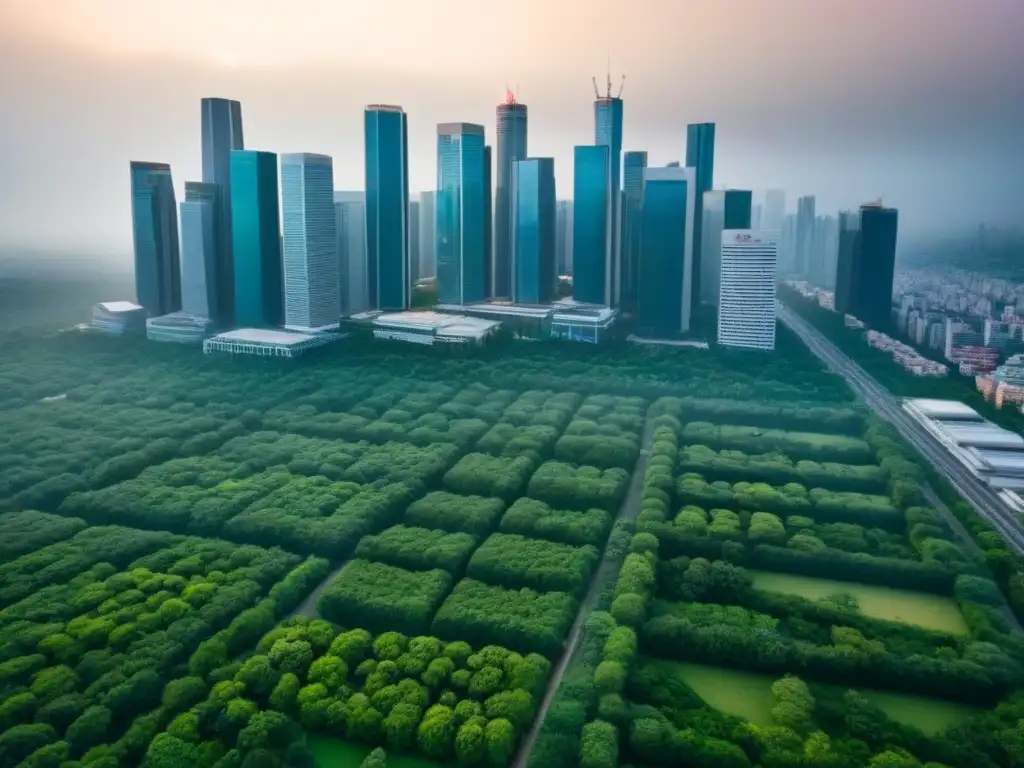 Armonía urbana y natural: paisaje impresionante de una ciudad moderna Vista aérea de una ciudad con rascacielos y vegetación, mostrando equilibrio entre desarrollo urbano y preservación natural