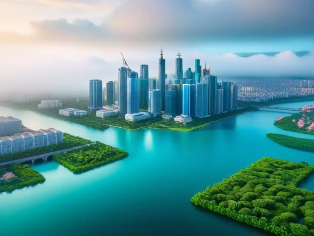 Metrópolis moderna: armonía entre rascacielos y naturaleza Vista aérea de una ciudad con rascacielos, parques verdes y agua, mostrando la armonía entre desarrollo urbano y naturaleza