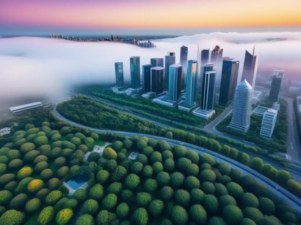 Metrópolis dinámica: arquitectura moderna y áreas verdes en auge Vista aérea de ciudad con rascacielos y áreas verdes, reflejando el dinamismo del mercado inmobiliario internacional
