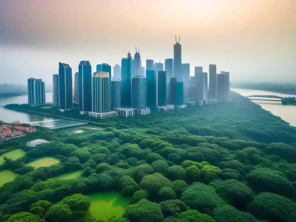 Metrópolis resiliente: rascacielos y naturaleza en equilibrio Vista aérea de ciudad con rascacielos modernos rodeados de parques verdes y agua, simbolizando una inversión inmobiliaria en alta inflación