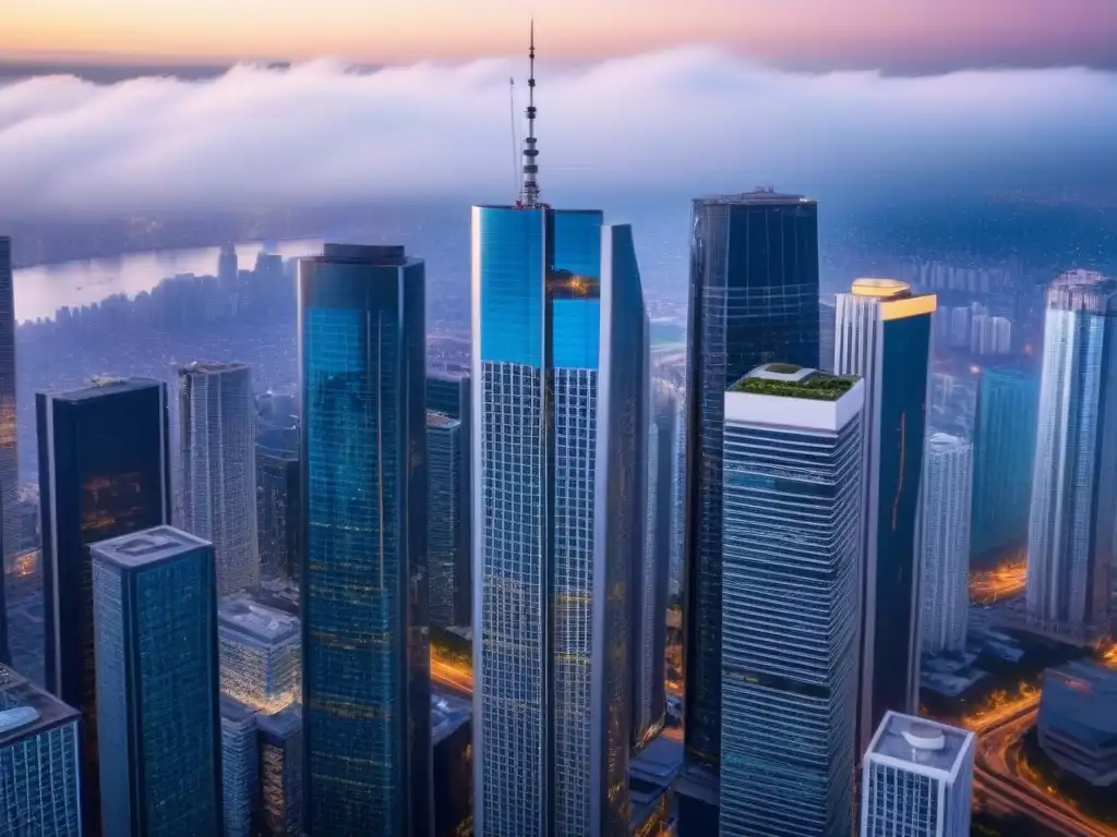 Contrastes urbanos: la dualidad de mercados inmobiliarios internacionales Vista aérea de la ciudad: rascacielos reflejan la dualidad de los mercados inmobiliarios internacionales en crisis