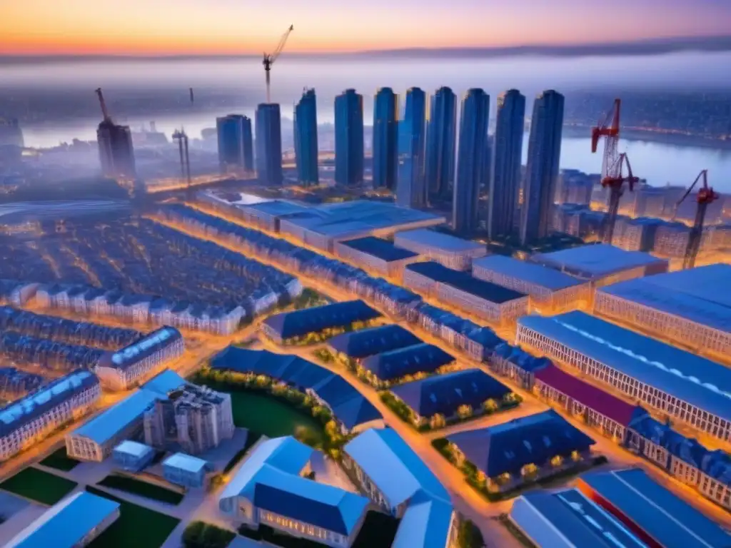 Renovación urbana: ciudad en reconstrucción tras desastre Vista aérea de ciudad en recuperación inmobiliaria postdesastre internacional