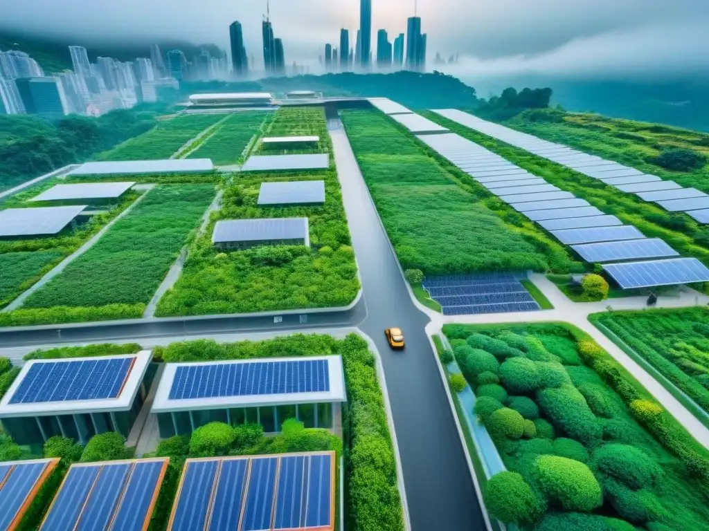 Metrópolis sostenible del futuro: diseño innovador y verde Vista aérea de ciudad sostenible con edificaciones verdes y diseño innovador en mercado inmobiliario