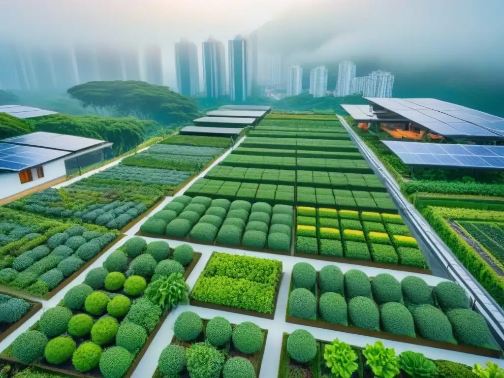 Cityscape sostenible: edificios verdes y jardines verticales Vista aérea de una ciudad sostenible con edificios verdes y jardines verticales
