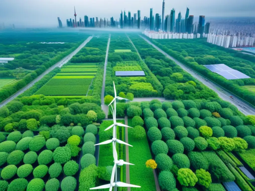 Metrópolis sostenible: armonía entre naturaleza y tecnología Vista aérea de una ciudad sostenible integrando naturaleza y tecnología