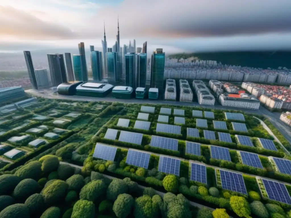 Arquitectura sostenible en ciudad moderna Vista aérea de una ciudad sostenible con edificaciones modernas y rentabilidad edificaciones sostenibles internacionales