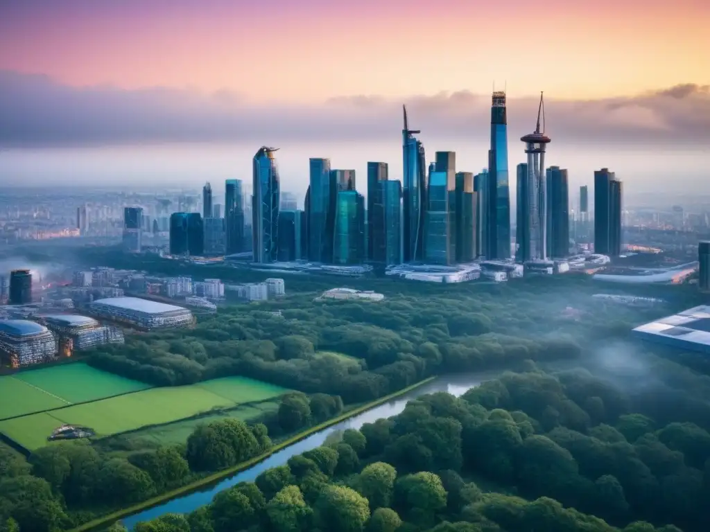 Horizonte urbano sostenible con edificios verdes certificados LEED y BREEAM Vista aérea de ciudad sostenible con certificaciones LEED y BREEAM, destacando diseño y tendencias