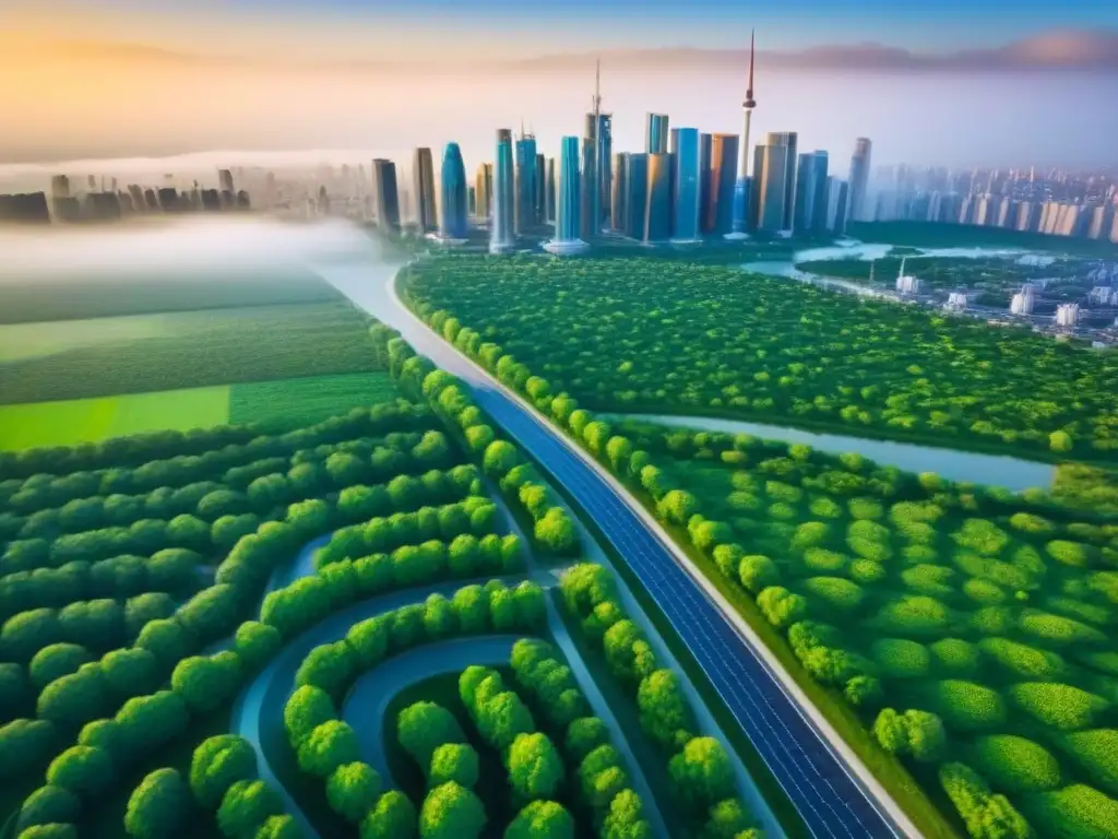 Metrópolis sostenible: armonía urbana y renovable Vista aérea de una ciudad sostenible con rascacielos modernos y áreas verdes, reflejando la inversión inmobiliaria en ciudades sostenibles
