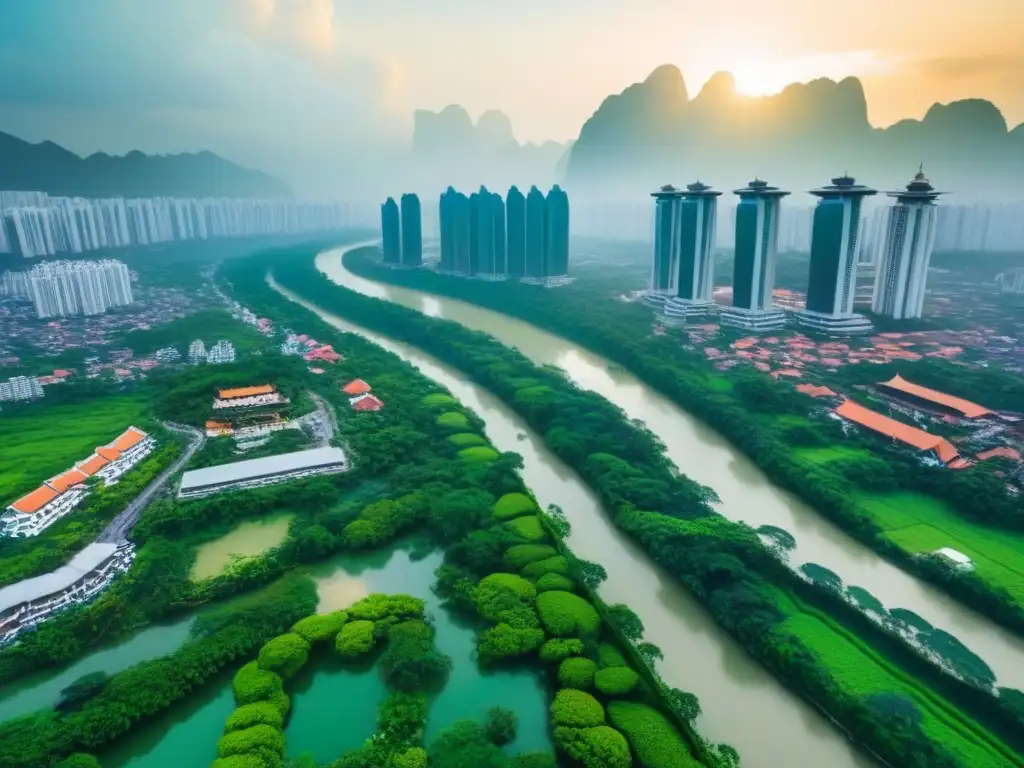 Deslumbrante fusión urbana en el sudeste asiático Vista aérea de ciudad en el Sudeste Asiático, fusionando modernidad y tradición entre rascacielos y templos
