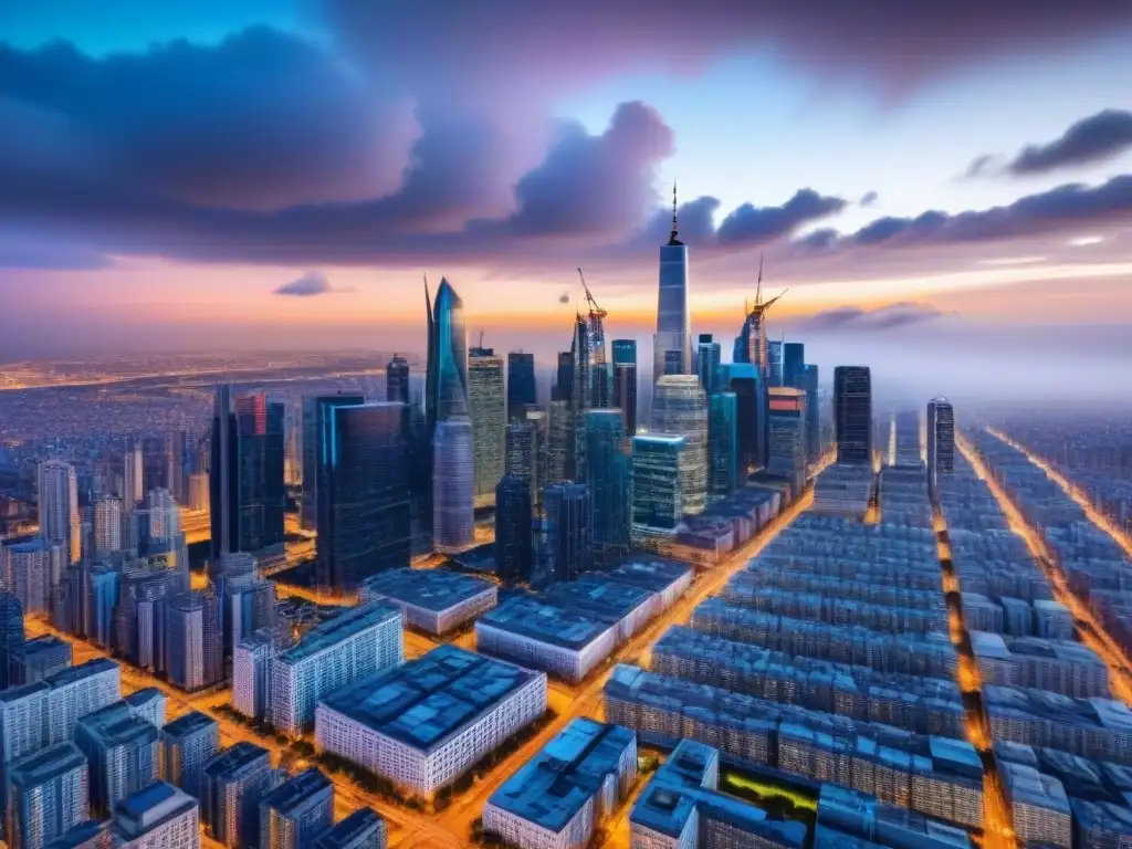 Oportunidades inmobiliarias: IA analiza terreno urbano Vista aérea de ciudad con terreno sin desarrollar rodeado de rascacielos, datos y algoritmos en tiempo real