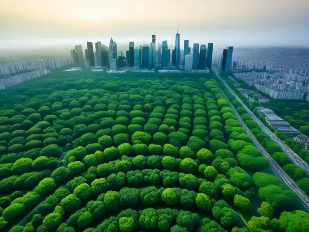 Metrópolis verde: armonía entre modernidad y naturaleza en la ciudad Vista aérea de una ciudad urbana con áreas verdes, destacando la Importancia áreas verdes desarrollo urbano
