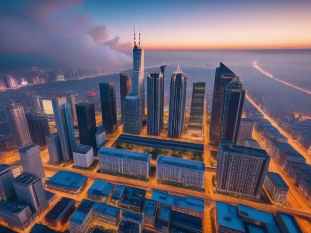 Vista aérea de ciudad nocturna: luces y modernidad Vista aérea de una ciudad urbana al anochecer, con rascacielos iluminados y calles llenas de vida