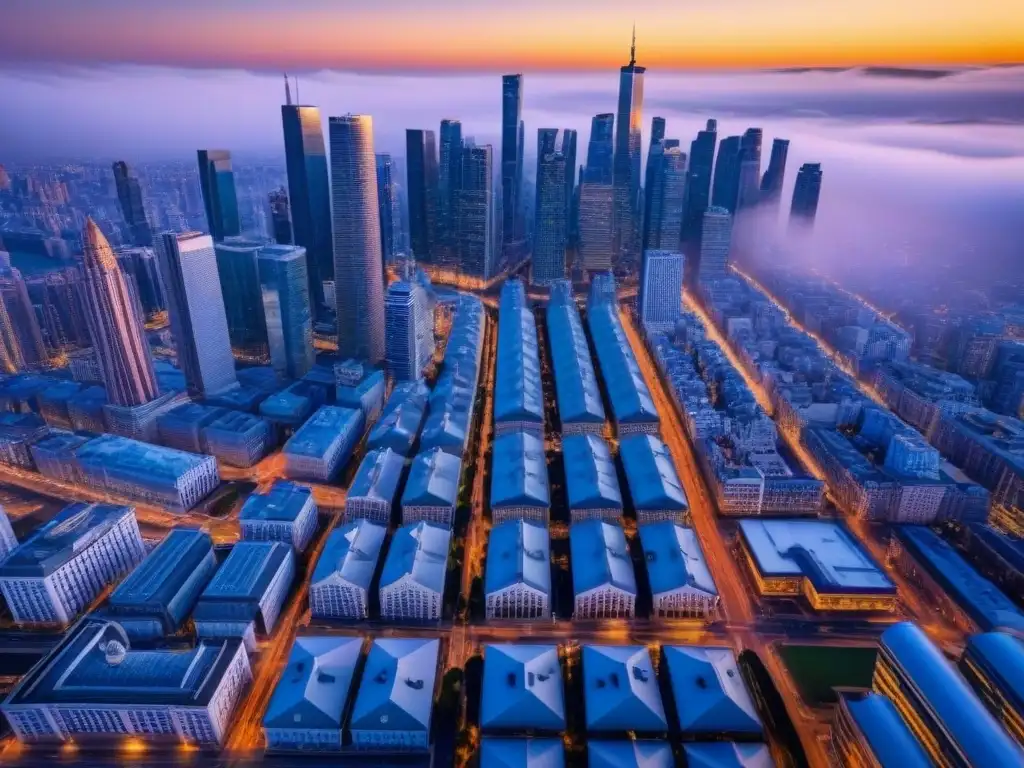 Vista aérea de una ciudad urbana con rascacielos modernos y edificios históricos, reflejo de los mejores mercados inmobiliarios internacionales 2021