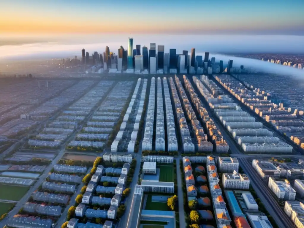 Metrópolis moderna al atardecer: crecimiento y progreso en el sector inmobiliario Vista aérea de una ciudad urbana con rascacielos modernos al atardecer