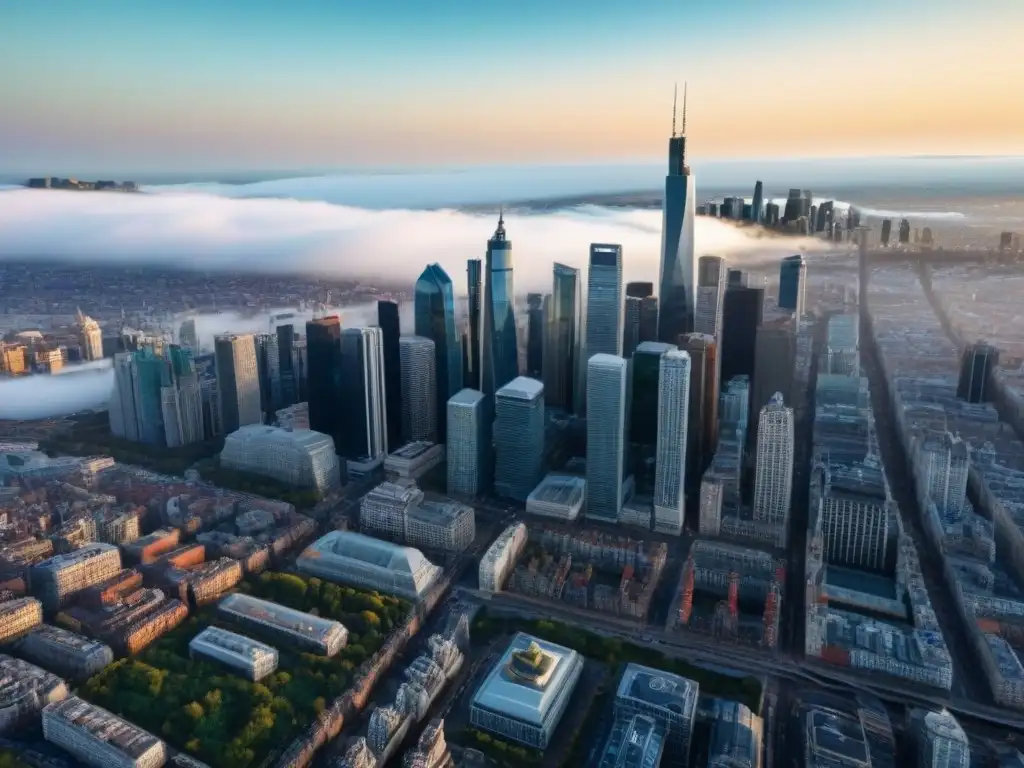 Vibrante ciudad: mezcla de rascacielos y edificios históricos Vista aérea de una ciudad urbana vibrante con rascacielos modernos y edificios históricos, reflejando el dinamismo de las inversiones inmobiliarias postmigración global