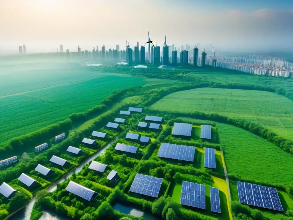 Metrópolis verde: arquitectura sostenible y naturaleza en armonía Vista aérea de una ciudad verde con edificios sostenibles, paneles solares y turbinas eólicas