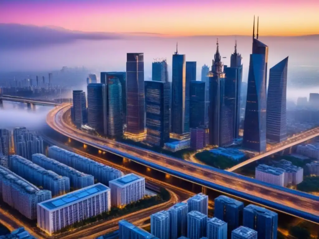 Metrópolis moderna: luces y movimiento urbano al anochecer 'Vista aérea de una ciudad vibrante al anochecer, con rascacielos iluminados rodeados de redes viales repletas de vehículos en movimiento